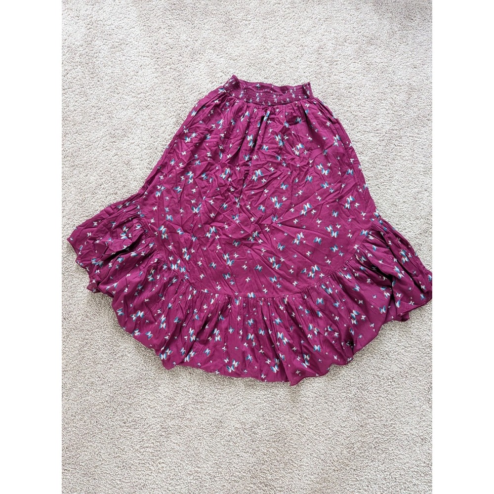 Free People Pretty Daze Skirt Small Purple Butterfly Smocked Tiered Boho Maxi
